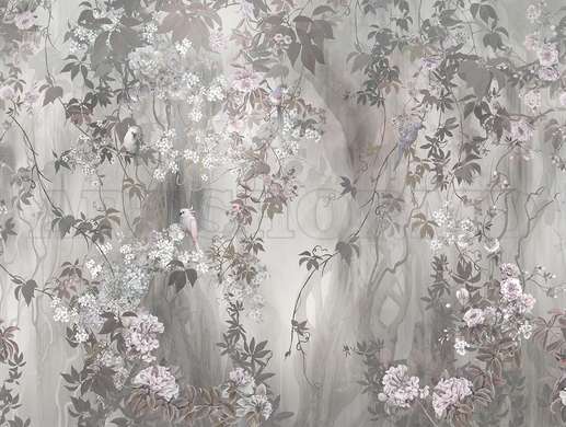 Wall mural - Spring leaves and birds in shades of gray pink