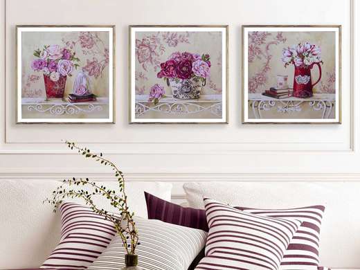 Постер - Фиолетовые цветы, 80 x 80 см, Постер на Стекле в раме, Наборы
