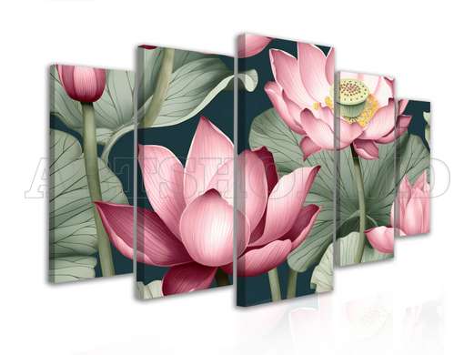 Modular picture, Pink lotus with green leaves, 206 x 115