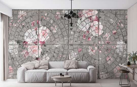 Wall mural - Imitation terracotta with pink flowers