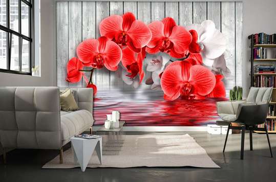 Wall Mural - Red orchid on a wooden gray background