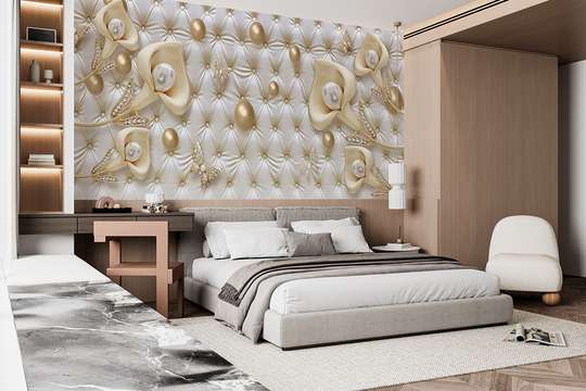 Wall Mural - Callas and beige pearls on a white background