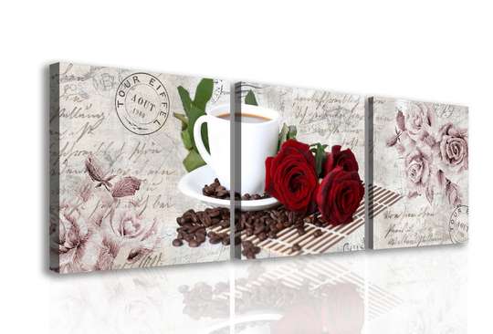 Tablou Pe Panza Multicanvas, Trandafiri roșii cu o cană albă de cafea, 225 x 75