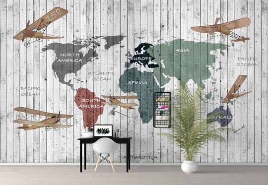 Fototapet - Harta lumii pe un perete din lemn
