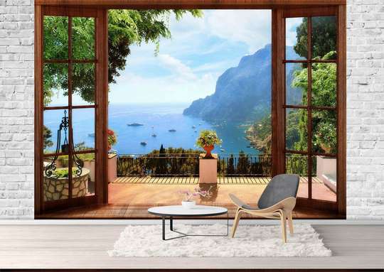 Wall Mural - View from the brown window to the lake and mountains.