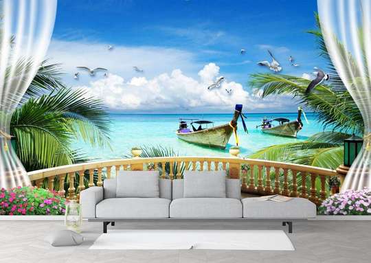 Wall Mural - View from the window to the ocean and the boat.