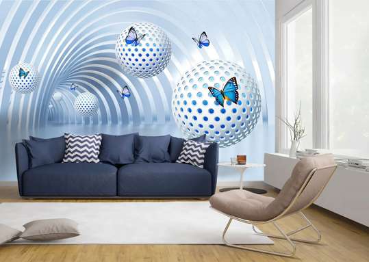 3Д Фотообои - Голубые бабочки на фоне туннеля с шарами.