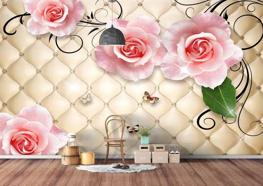 3Д Фотообои - Розовые розы на золотом фоне