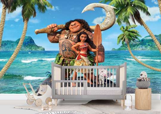 Wall Mural - Cartoon characters Moana on the background of the ocean and palm trees