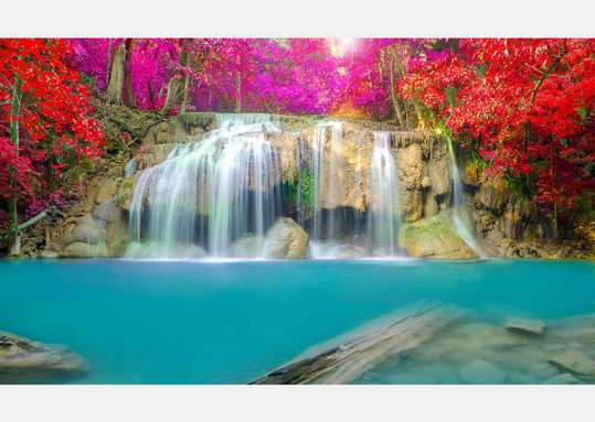 Фотообои - Красивый водопад, окруженный розовыми цветами