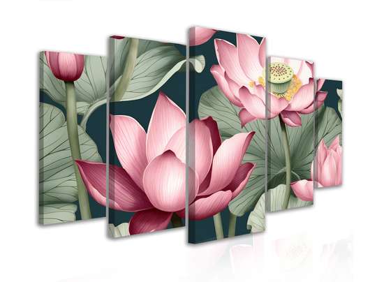 Tablou Multicanvas, Lotus roz cu frunzele verzi, 108 х 60