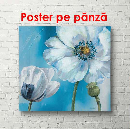 Постер - Белый цветок на фоне потертой стены, 100 x 100 см, Постер в раме, Цветы
