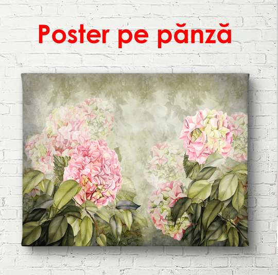 Постер - Нежные розовые цветы на фоне зеленого фона, 90 x 60 см, Постер в раме