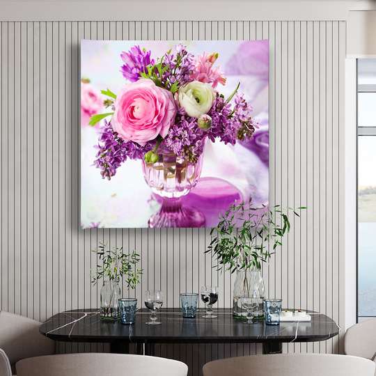 Постер - Фиолетовые цветы в вазе на столе, 100 x 100 см, Постер в раме, Натюрморт