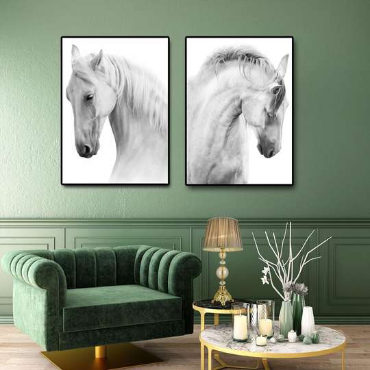 Постер - Белые лошади, 60 x 90 см, Постер на Стекле в раме