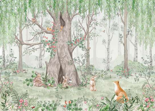 Wall mural for the nursery - Green forest and its inhabitants