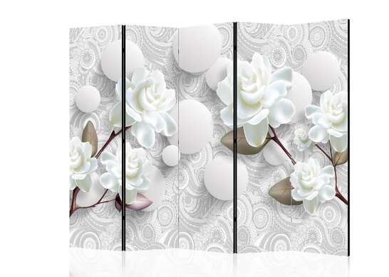 Screen with white flowers against the background of balloons., 7