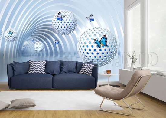 3D Wallpaper - Blue butterflies on the background of a tunnel with balls.