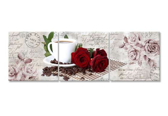Tablou Pe Panza Multicanvas, Trandafiri roșii cu o cană albă de cafea, 135 x 45