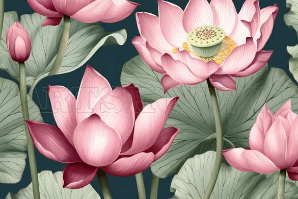 Modular picture, Pink lotus with green leaves, 206 x 115