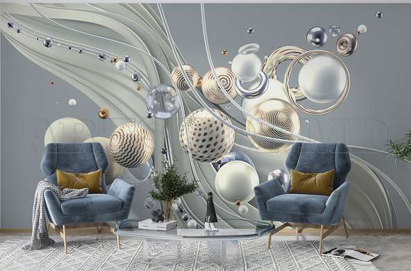 3D Photo Wallpaper- 3D spheres on abstract blue gray background