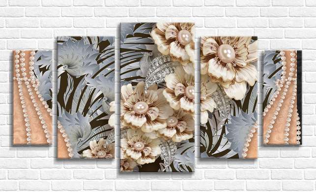 Tablou Pe Panza Multicanvas, Broșe cu flori bej pe un fundal abstract, 206 x 115