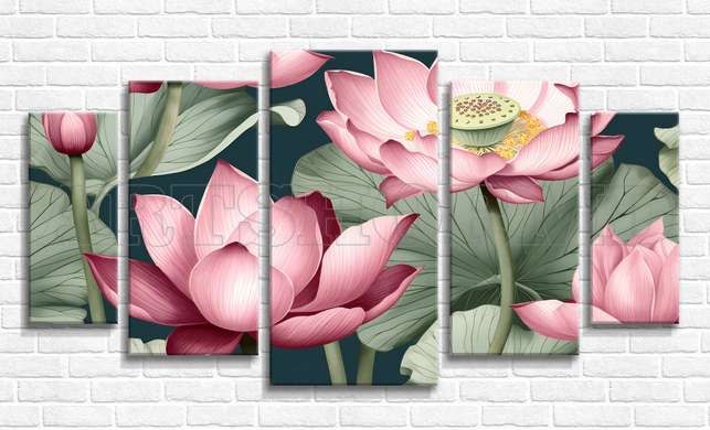 Modular picture, Pink lotus with green leaves, 206 x 115