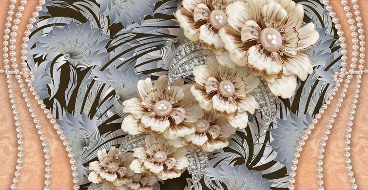 Modular picture, Beige flowers brooches on an abstract background, 108 х 60
