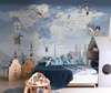 Wall mural in the nursery - Map of the world and sights of cities