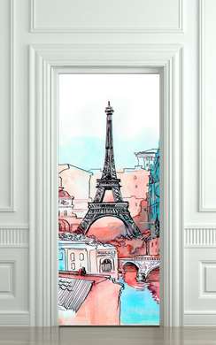 3D door sticker, Eiffel Tower in a vibrant city, 60 x 90cm