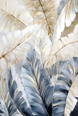 Poster - Golden tropical leaves with light blue, 60 x 90 см, Framed poster on glass, Botanical