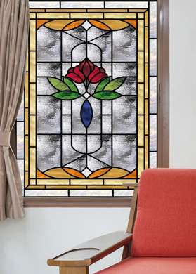 Самоклейка для окон, Декоративный витраж с красной розой, 60 x 90cm, Мат, Витражная Пленка