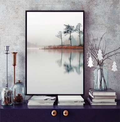 Poster - Lacul într-un parc pe ceață, 45 x 90 см, Poster înrămat, Natură