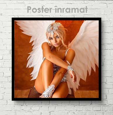 Poster - Girl with angel wings, 100 x 100 см, Framed poster on glass, Nude