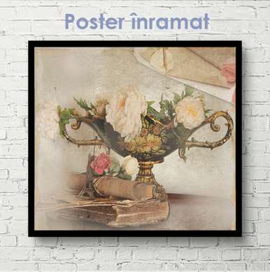 Постер - Ваза с цветами в стиле прованс, 100 x 100 см, Постер на Стекле в раме