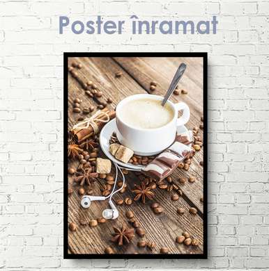 Постер - Наушники и кофе, 60 х 90 см, 45 x 90 см, Постер на Стекле в раме, Еда и Напитки