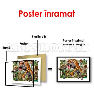 Poster - Growling tiger on the background of the jungle, 90 x 60 см, Framed poster on glass, For Kids