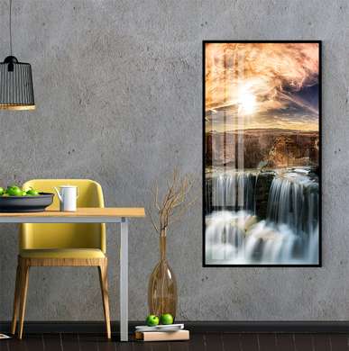 Poster - Beautiful cascade at sunset, 50 x 150 см, Framed poster