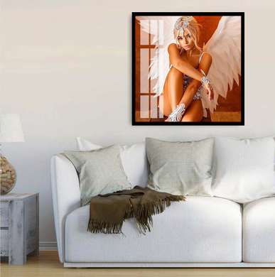 Poster - Fată cu aripi de înger, 100 x 100 см, Poster inramat pe sticla