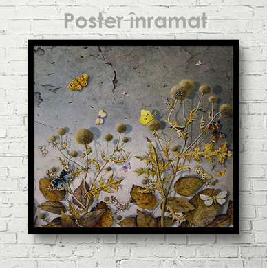 Poster - Butterflies in thorns, 100 x 100 см, Framed poster on glass, Botanical