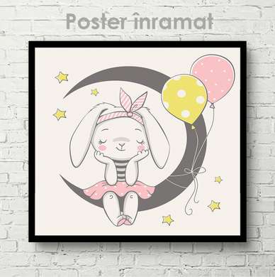 Poster - Bunny on the moon, 100 x 100 см, Framed poster on glass, For Kids
