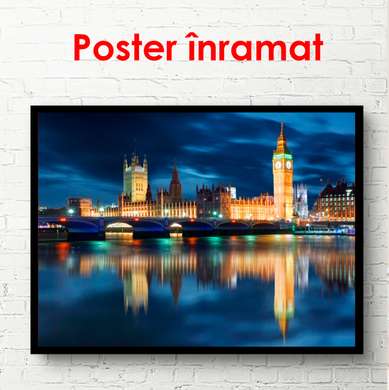 Постер - Ночной город на воде, 90 x 60 см, Постер в раме, Города и Карты