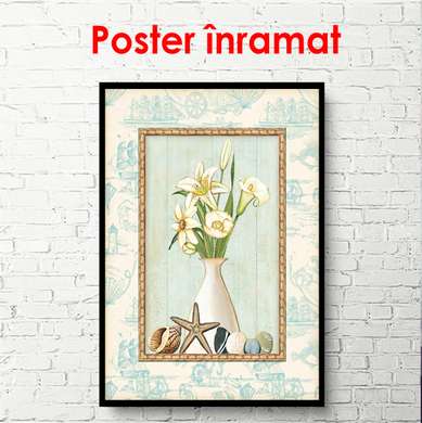 Постер - Белая ваза с красивым букетом цветов, 60 x 90 см, Постер в раме, Прованс