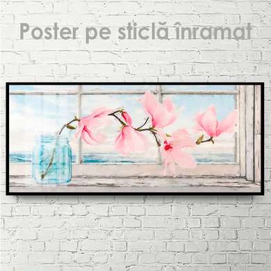 Постер - Веточка розовой магнолии в вазе, 90 x 45 см, Постер на Стекле в раме, Цветы