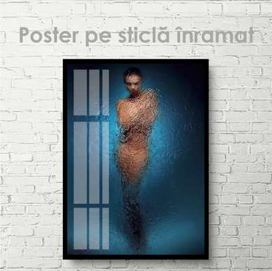 Постер - Девушка за стеклом, 30 x 45 см, Холст на подрамнике, Ню