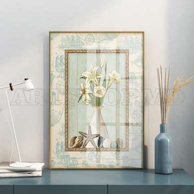 Постер - Белая ваза с красивым букетом цветов, 60 x 90 см, Постер на Стекле в раме, Прованс