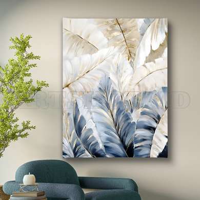 Poster - Golden tropical leaves with light blue, 60 x 90 см, Framed poster on glass, Botanical