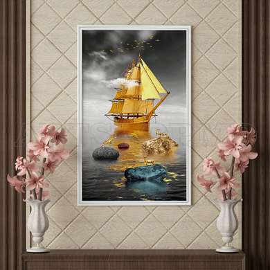 Poster - Golden sails, 45 x 90 см, Framed poster on glass, Marine Theme