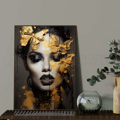 Poster - Lady black and white with butterflies, 60 x 90 см, Framed poster on glass, Glamour