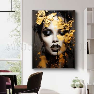 Poster - Lady black and white with butterflies, 60 x 90 см, Framed poster on glass, Glamour